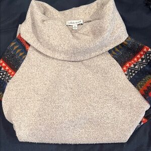 White Birch Gray Cowl Neck Sweater with Colorful Patterned Sleeves Super Soft